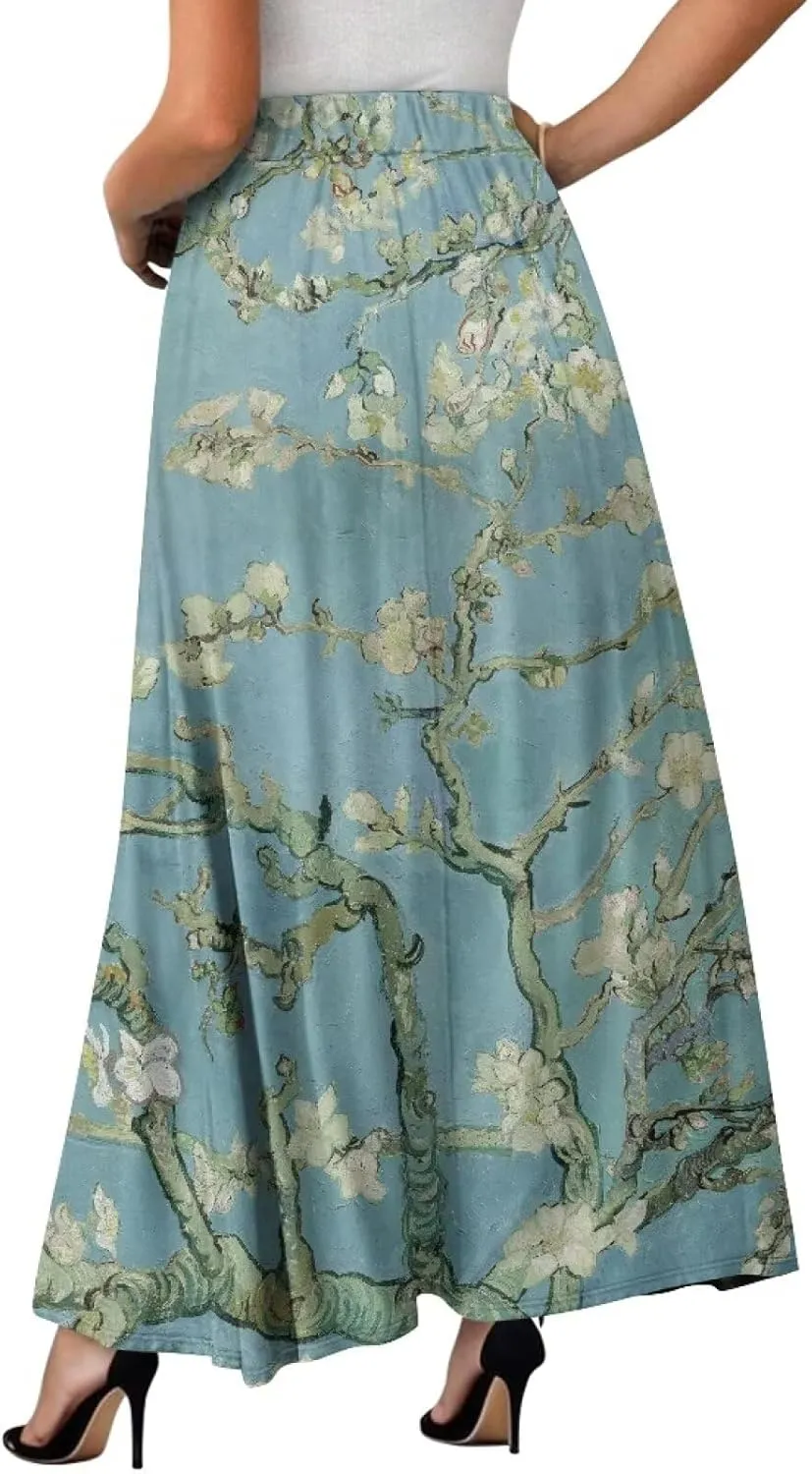 Oil Painting Printed Women's Long Maxi Skirt Elegant Pleated High Waisted A-Link Long Maxi Skirt for Party, Work