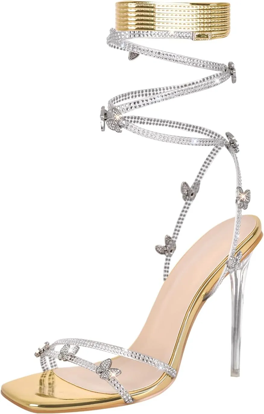 Onlymaker Women's Butterfly Clear High Heels Lace up Pointed Toe Stiletto Heel Tie up Dressy Sandals Golden Size 10