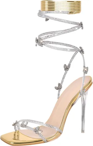 Onlymaker Women's Butterfly Clear High Heels Lace up Pointed Toe Stiletto Heel Tie up Dressy Sandals Golden Size 10