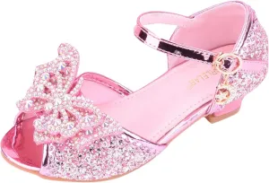 Open Front Bow Sequins Sandals for Girls Kids Princess Wedding Formal Ankle High Heel Shoes Summer Dress Dance Sandals