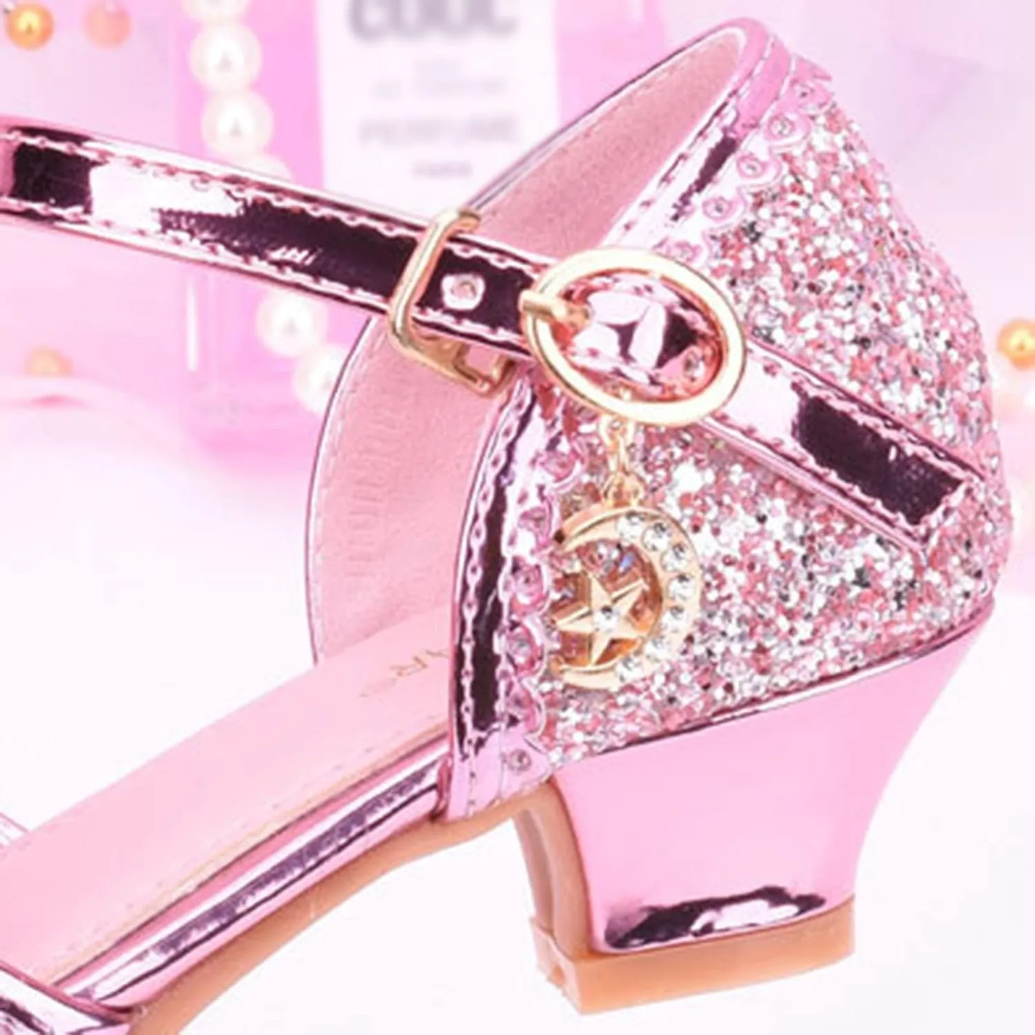 Open Front Bow Sequins Sandals for Girls Kids Princess Wedding Formal Ankle High Heel Shoes Summer Dress Dance Sandals