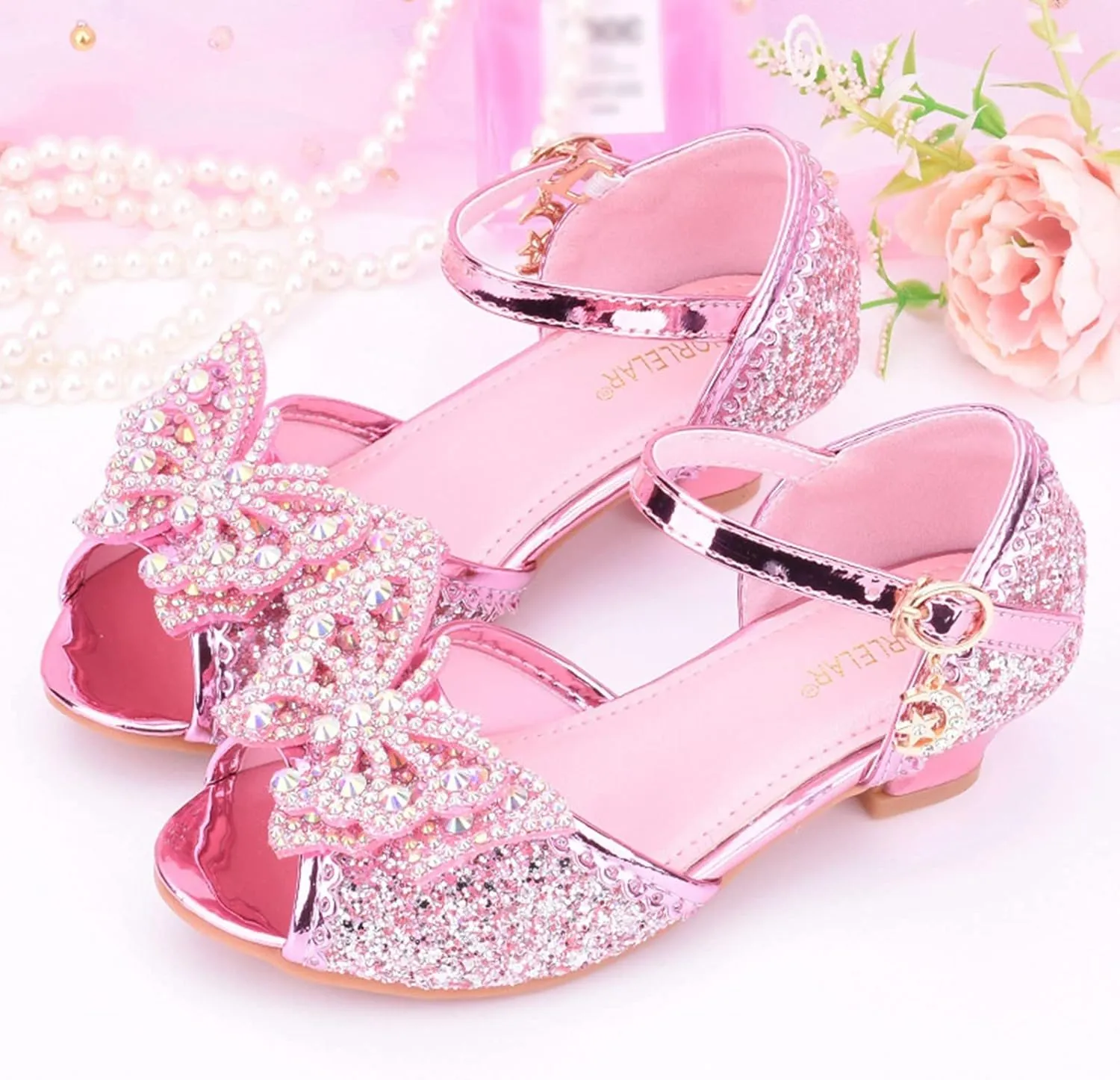 Open Front Bow Sequins Sandals for Girls Kids Princess Wedding Formal Ankle High Heel Shoes Summer Dress Dance Sandals