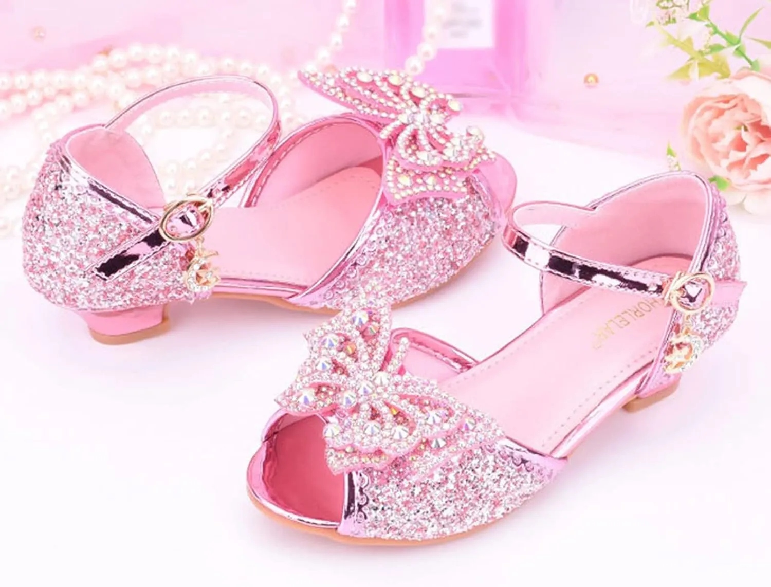 Open Front Bow Sequins Sandals for Girls Kids Princess Wedding Formal Ankle High Heel Shoes Summer Dress Dance Sandals