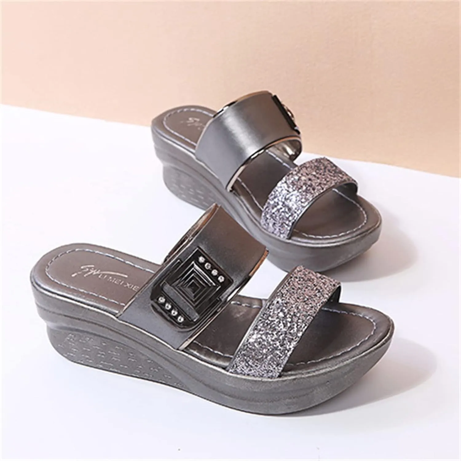 ORNVEION Womens Rhinestone Sequin Wedge Platform Sandals Orthotic Arch Support Silppers,Two Strap Slip-On Open-Toe Beach Casual Slippers