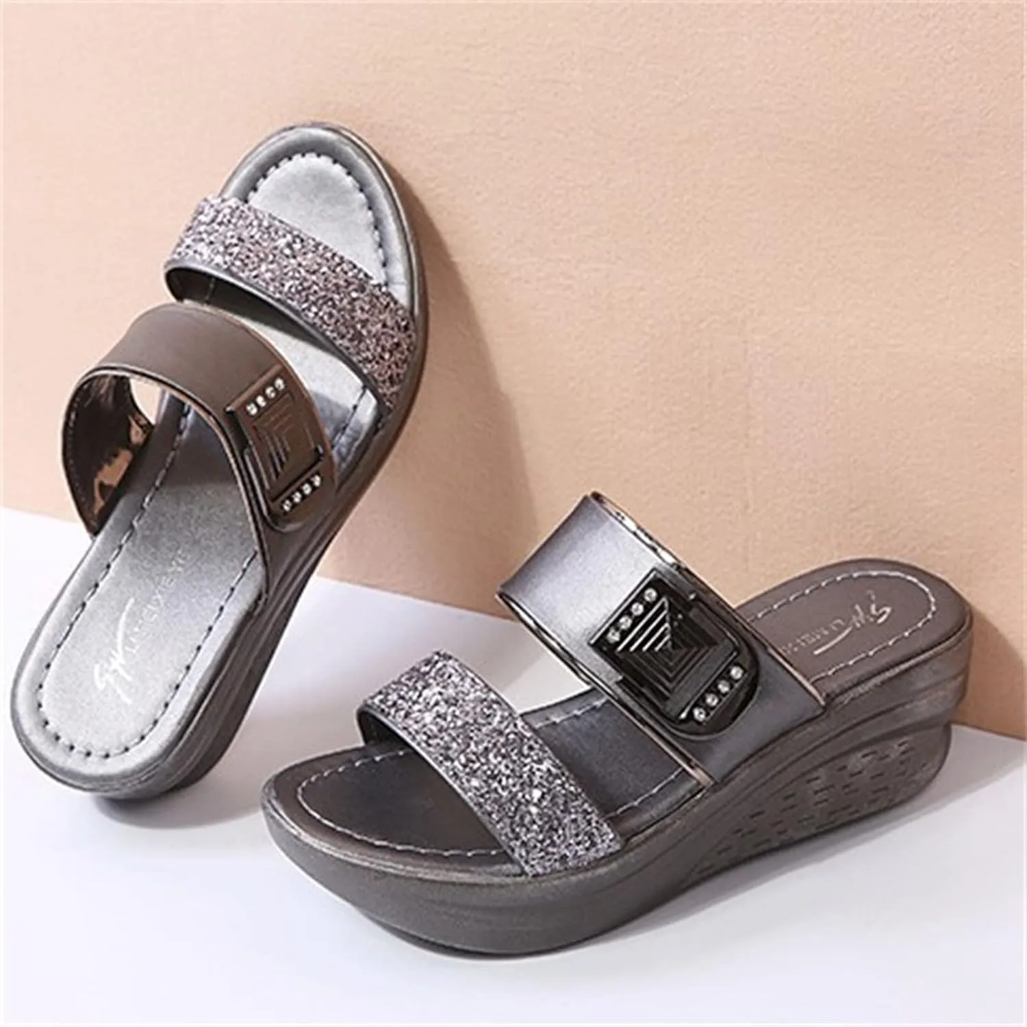 ORNVEION Womens Rhinestone Sequin Wedge Platform Sandals Orthotic Arch Support Silppers,Two Strap Slip-On Open-Toe Beach Casual Slippers