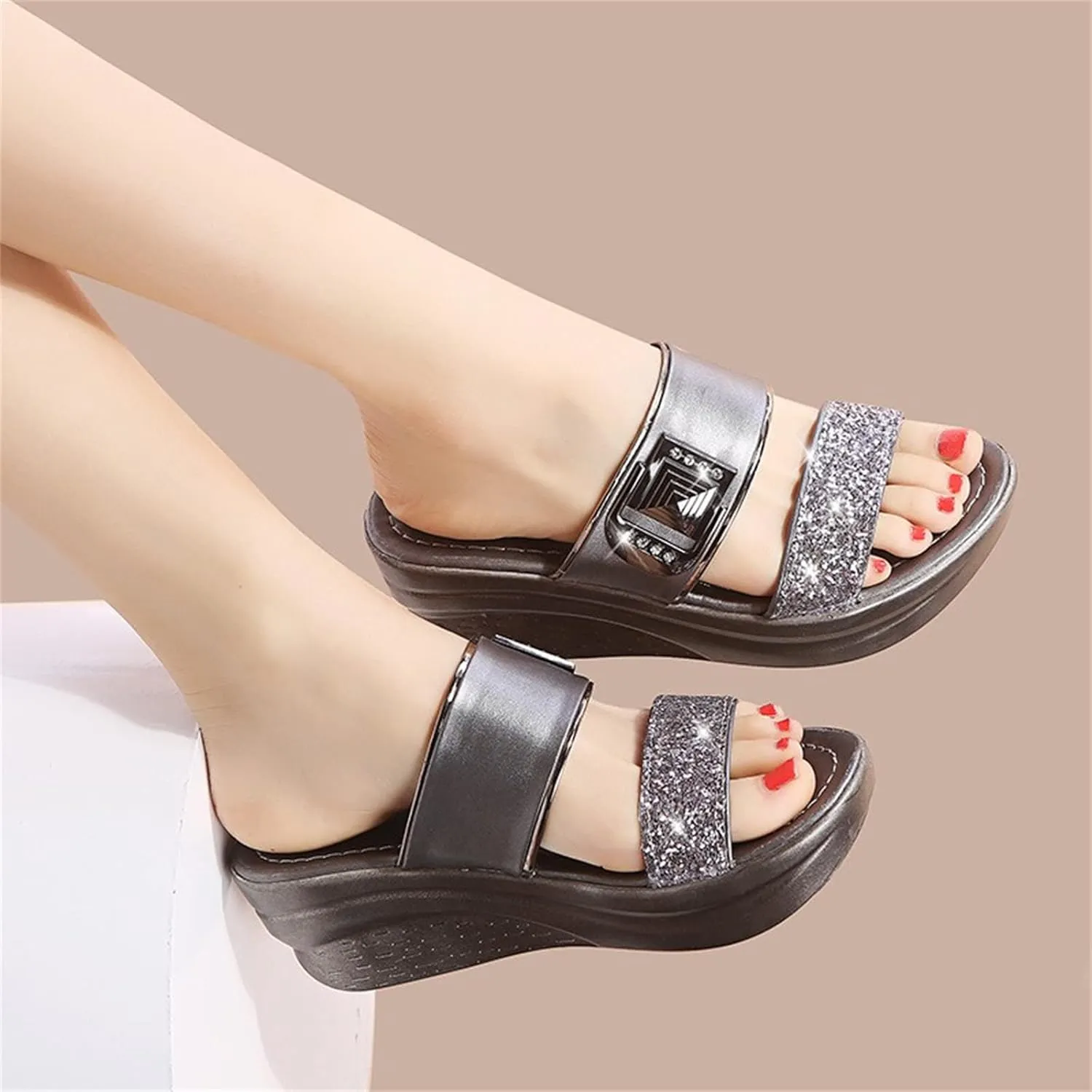 ORNVEION Womens Rhinestone Sequin Wedge Platform Sandals Orthotic Arch Support Silppers,Two Strap Slip-On Open-Toe Beach Casual Slippers