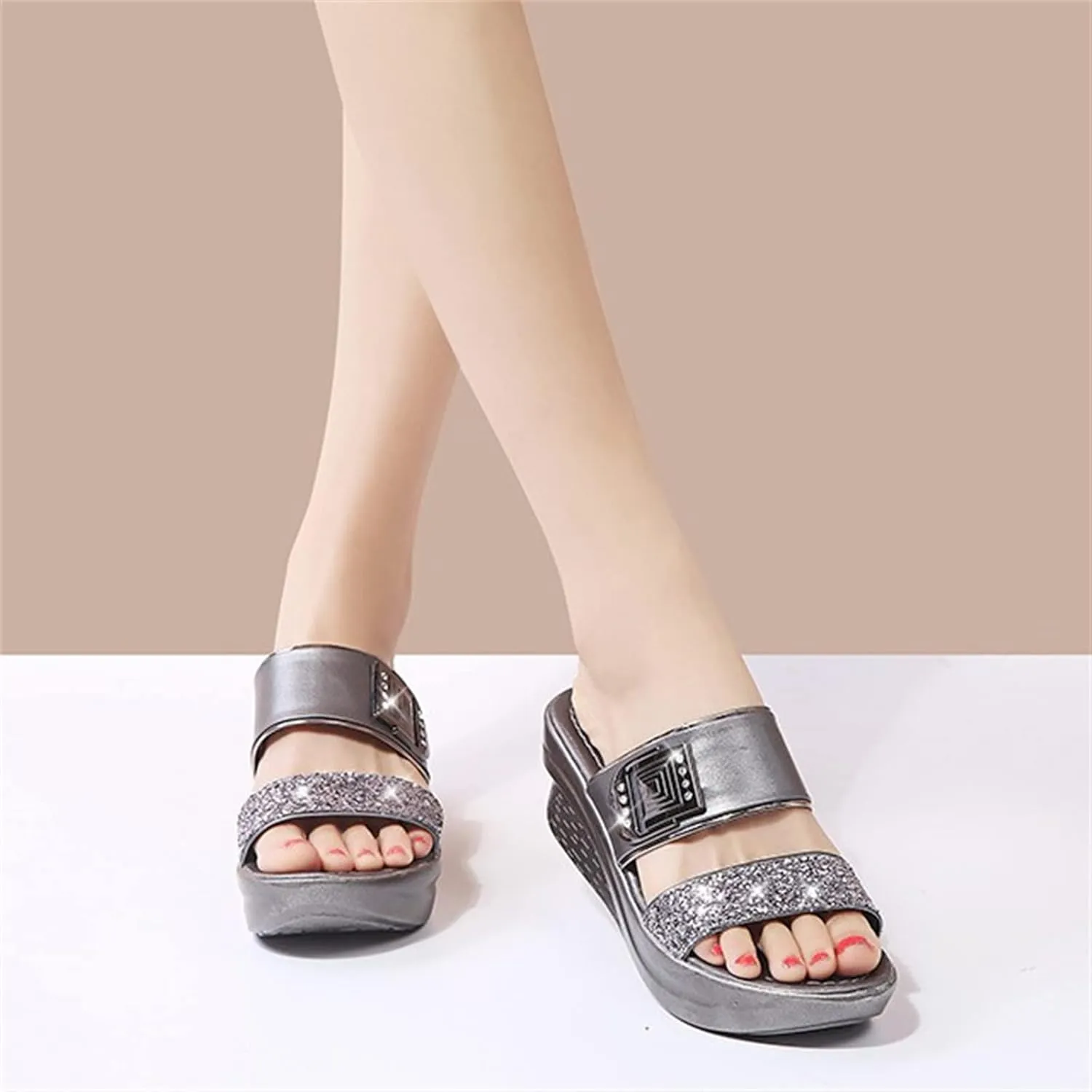 ORNVEION Womens Rhinestone Sequin Wedge Platform Sandals Orthotic Arch Support Silppers,Two Strap Slip-On Open-Toe Beach Casual Slippers