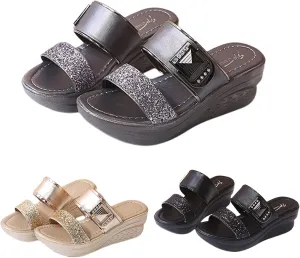 ORNVEION Womens Rhinestone Sequin Wedge Platform Sandals Orthotic Arch Support Silppers,Two Strap Slip-On Open-Toe Beach Casual Slippers