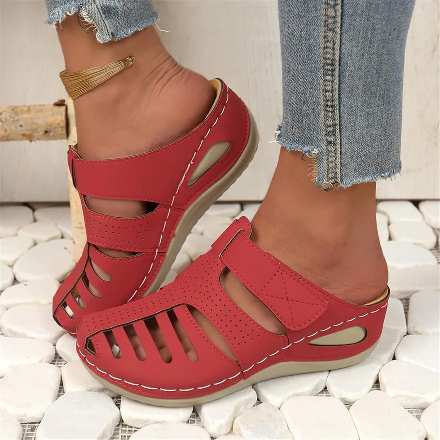 Orthopedic Sandals for Women Ankle Strap Closed Toe Wedge Platform Sandals Casual Summer Hollow Out Breathable Shoes