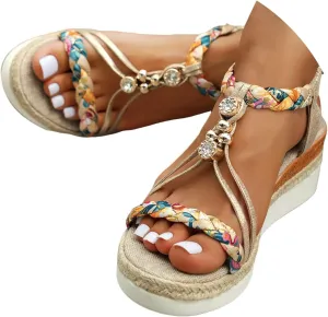 Orthopedic Wedge Sandals for Women Summer Dressy 2025 Womens Low Wedges Heels Sandal Shoes Wide Width Comfort Walking Non Slip Casual Beach Platform Sandals Ankle Elastic Bohemian Woven Sandals