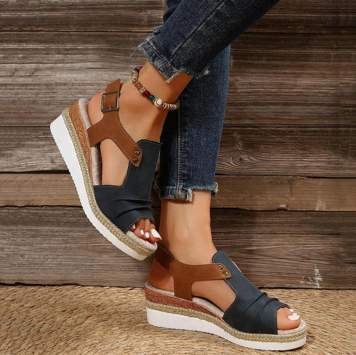 Orthopedic Wedge Sandals for Women Summer Dressy Open Toe Ankle Strap Platform Sandals Casual Strappy High Wedges Slip on Sandals Beach Sandals Dress Shoes Comfortable Outdoor Shoes (#A-Navy, 8)