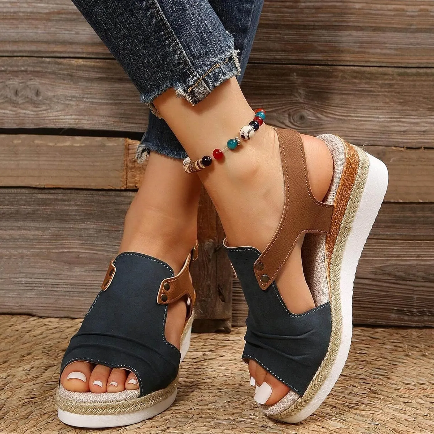 Orthopedic Wedge Sandals for Women Summer Dressy Open Toe Ankle Strap Platform Sandals Casual Strappy High Wedges Slip on Sandals Beach Sandals Dress Shoes Comfortable Outdoor Shoes (#A-Navy, 8)
