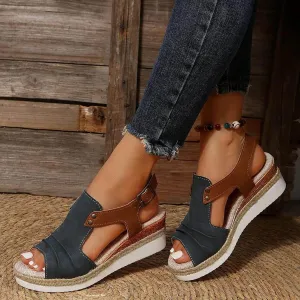 Orthopedic Wedge Sandals for Women Summer Dressy Open Toe Ankle Strap Platform Sandals Casual Strappy High Wedges Slip on Sandals Beach Sandals Dress Shoes Comfortable Outdoor Shoes (#A-Navy, 8)