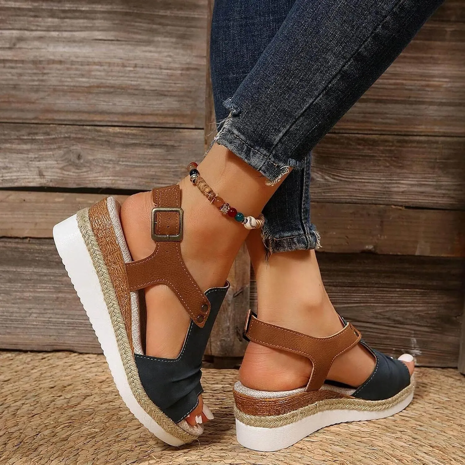 Orthopedic Wedge Sandals for Women Summer Dressy Open Toe Ankle Strap Platform Sandals Casual Strappy High Wedges Slip on Sandals Beach Sandals Dress Shoes Comfortable Outdoor Shoes (#A-Navy, 8)