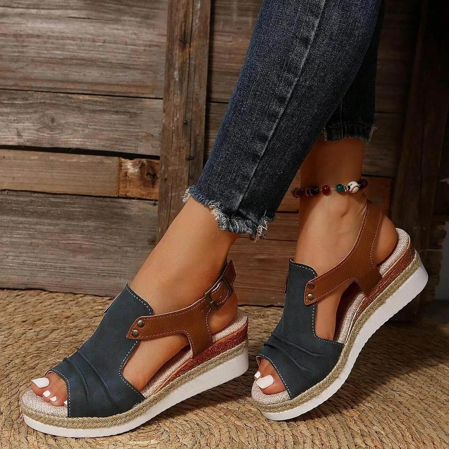 Orthopedic Wedge Sandals for Women Summer Dressy Open Toe Ankle Strap Platform Sandals Casual Strappy High Wedges Slip on Sandals Beach Sandals Dress Shoes Comfortable Outdoor Shoes (#A-Navy, 8)