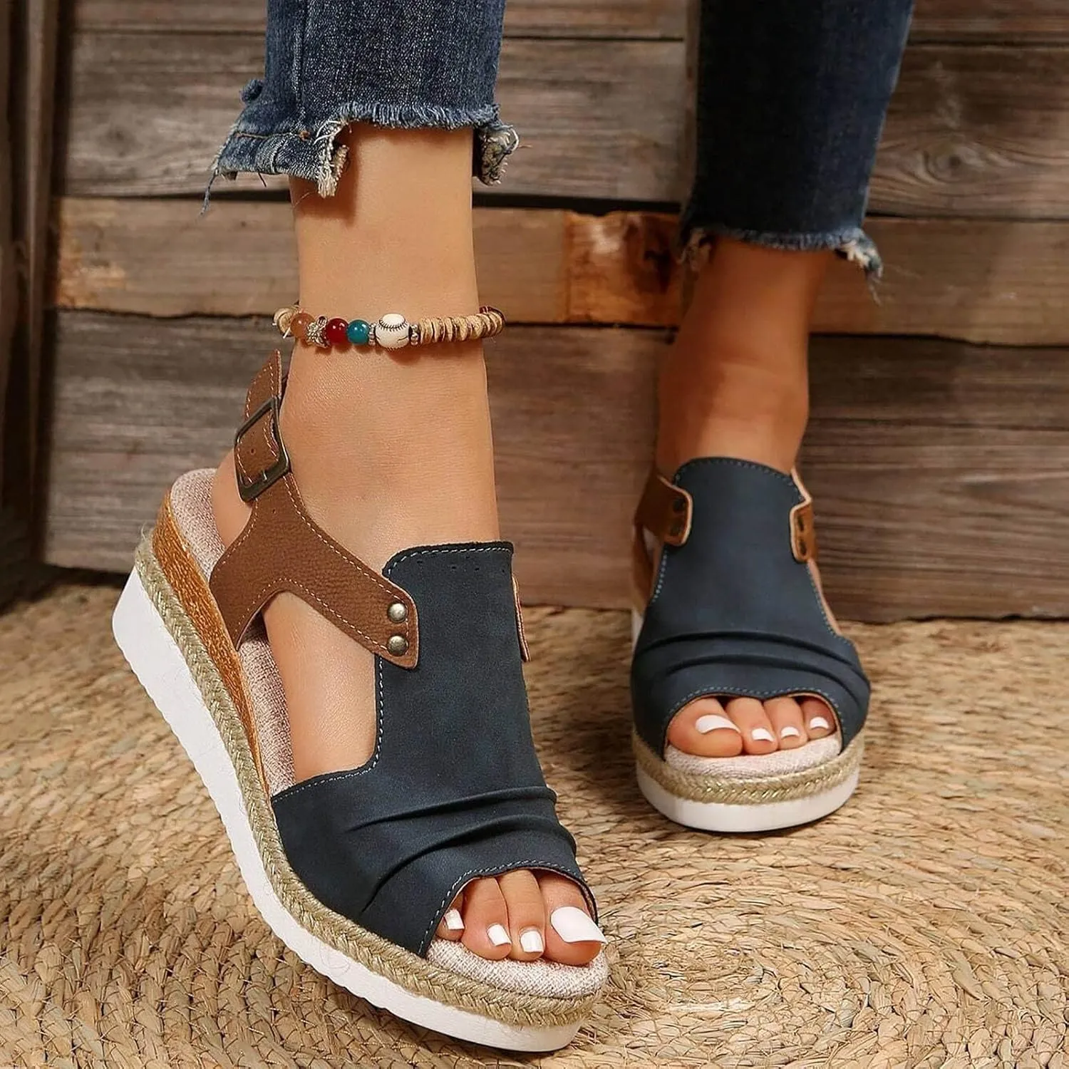 Orthopedic Wedge Sandals for Women Summer Dressy Open Toe Ankle Strap Platform Sandals Casual Strappy High Wedges Slip on Sandals Beach Sandals Dress Shoes Comfortable Outdoor Shoes (#A-Navy, 8)