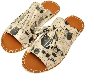 Personalize Your Life - Pine Vegan Printed Breathable Chic Summer Tassel Everyday Fashion Women Slippers Sandals - Monochrome Cats