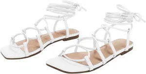 PiePieBuy Womens Lace up Square Toes Flat Sandals with Ankle Strap Summer Criss-Cross Gladiator Shoes