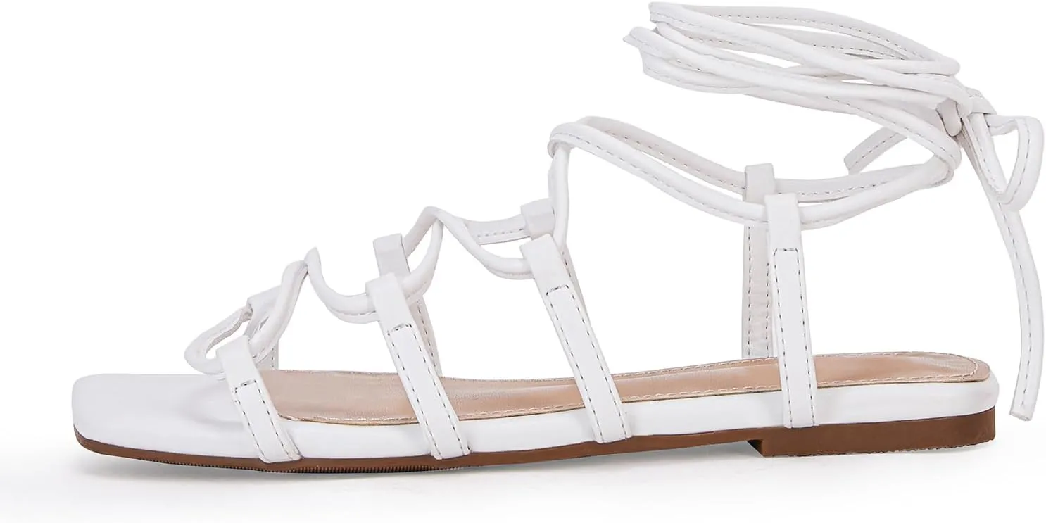 PiePieBuy Womens Lace up Square Toes Flat Sandals with Ankle Strap Summer Criss-Cross Gladiator Shoes