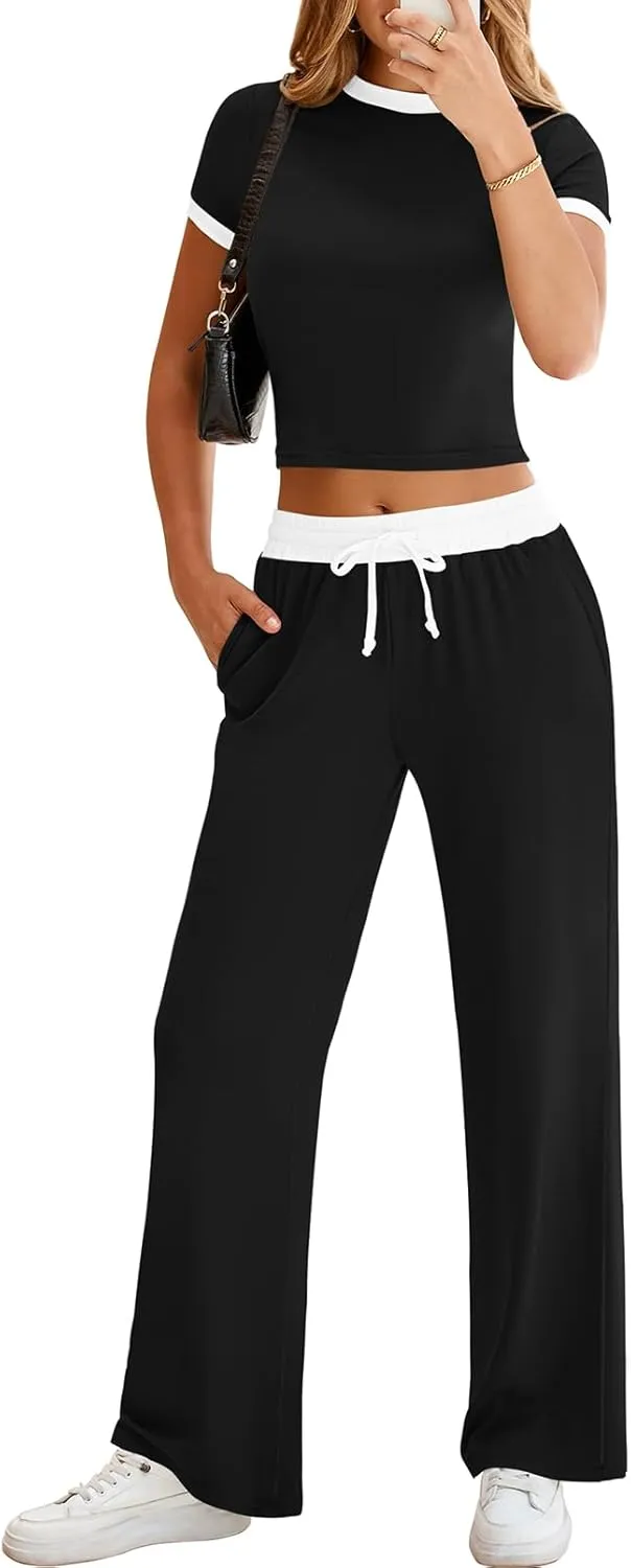 Pink Queen 2 Piece Sets for Women Summer Lounge Set Casual Short Sleeve Tops and High Waist Wide Leg Pants Tracksuits Outfits