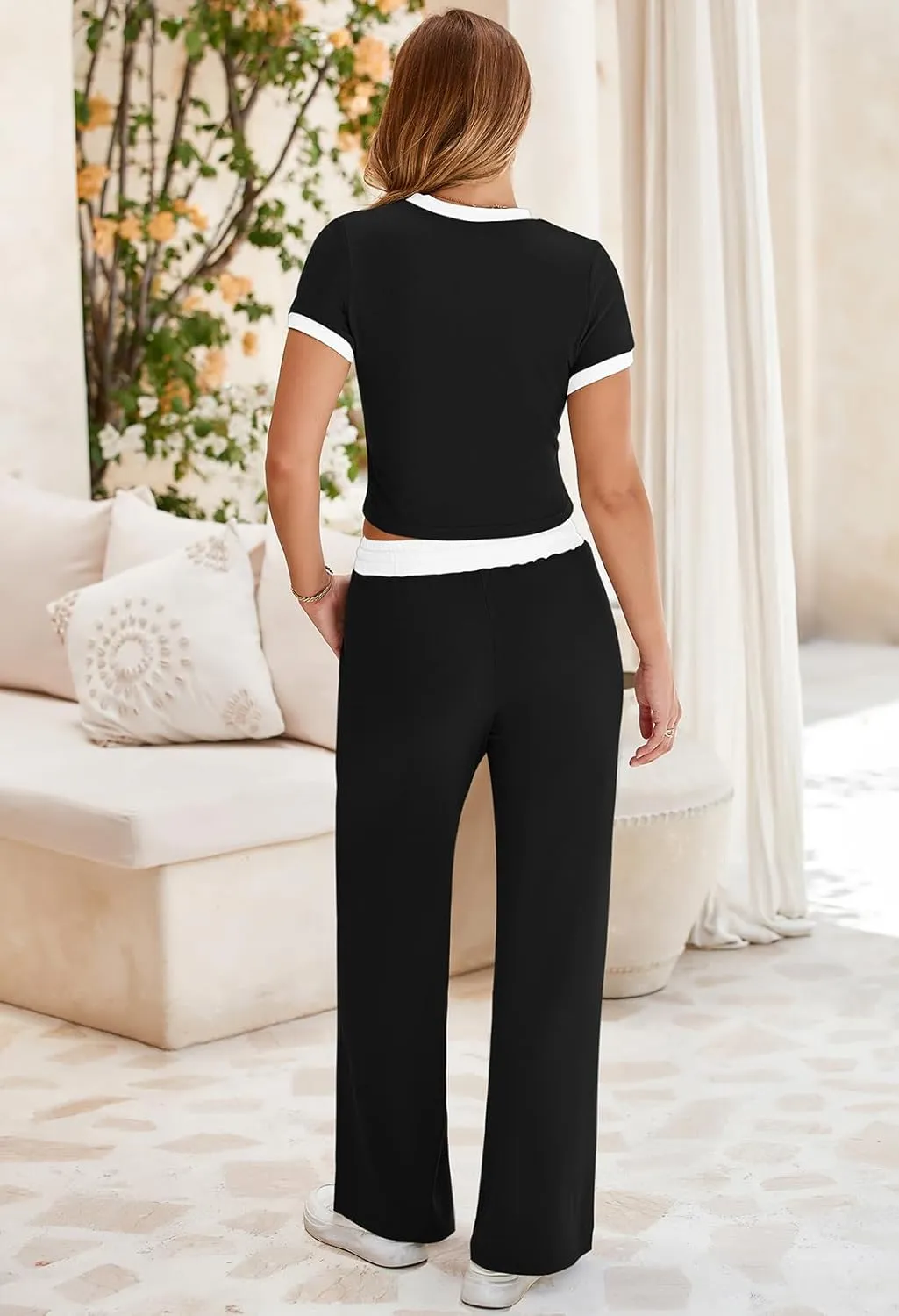 Pink Queen 2 Piece Sets for Women Summer Lounge Set Casual Short Sleeve Tops and High Waist Wide Leg Pants Tracksuits Outfits