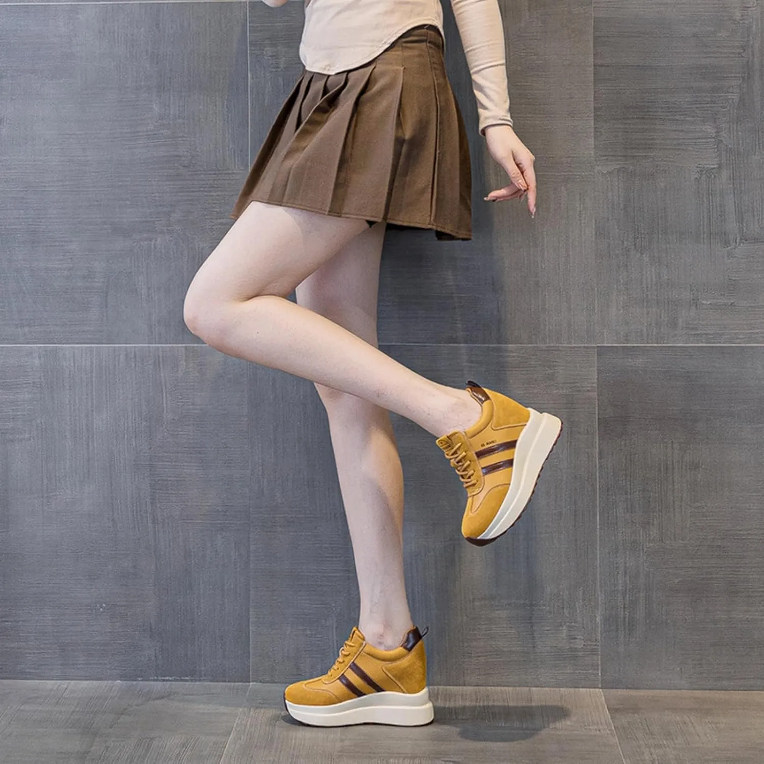 Platform Sneakers for Women - High Hidden Heel Wedge Fashion Leather Chunky Lace up Wedge Tennis Shoes Increasing 3.94 inch