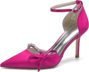 Pointed Satin Heels Wedding Shoes for Bride Ankle Strap Rhinestones Buckle Bridal Shoes Dress Pumps for Women