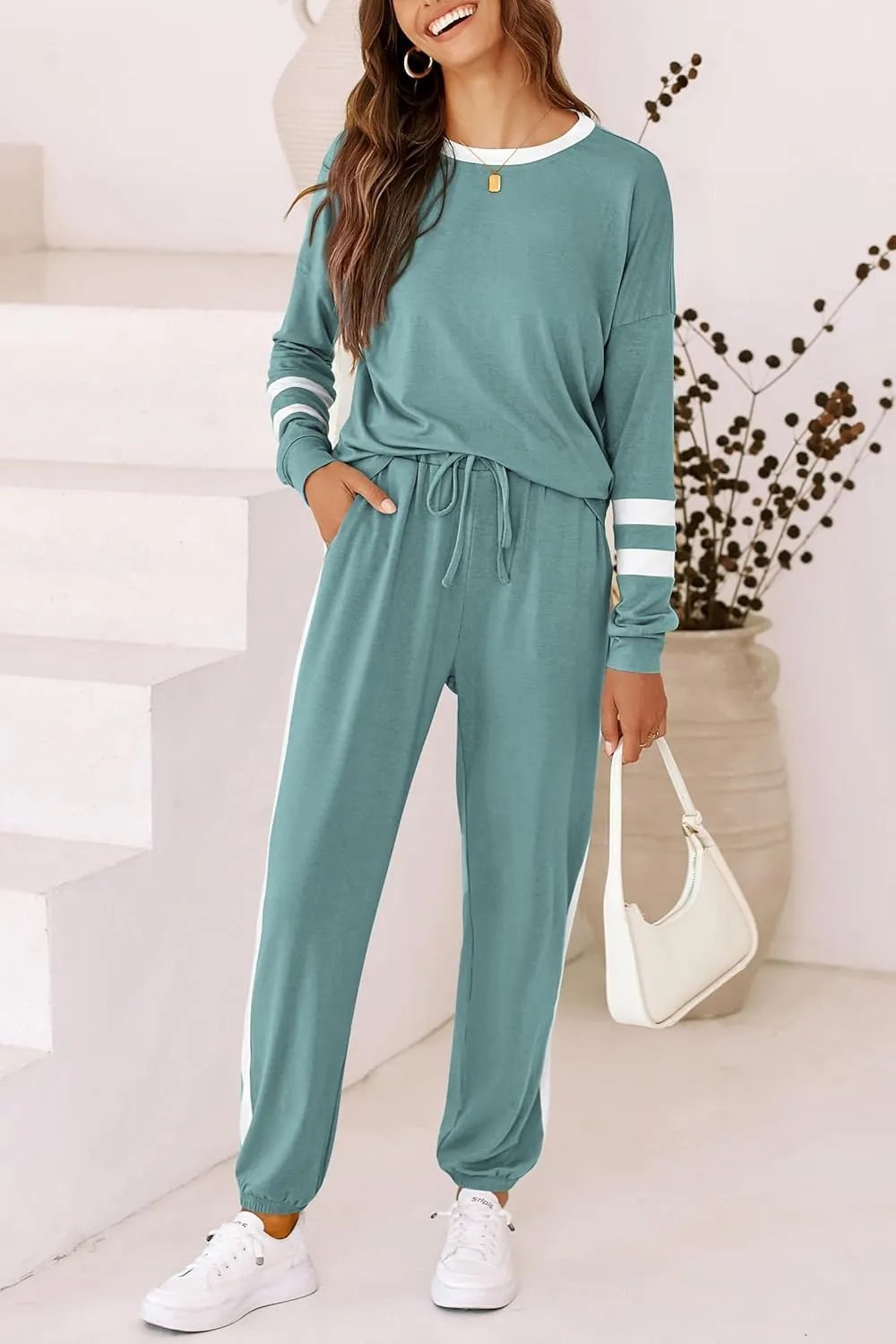 PRETTYGARDEN Women's Spring Fall 2 Piece Lounge Outfit Long Sleeve Crewneck Pullover Tops High Waisted Pants Set Tracksuit