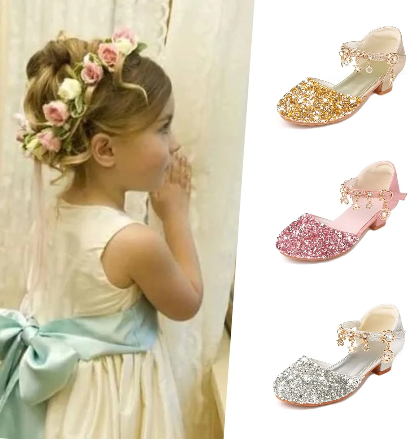Princess Dress Shoes for Girls - Toddler Sandals with Flower Design for Wedding Party & High Heels