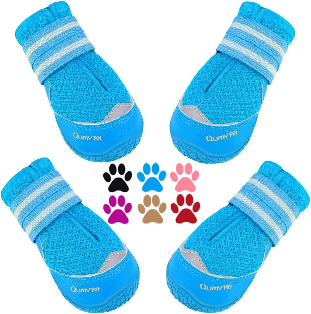 QUMY 4PCS Dog Boots for Large Dogs, Medium Dog Shoes & Paw Protectors for Hot Pavement, Summer Heat Protection, Mesh Breathable Nonslip Dog Booties for Hardfloors, Walking Running Hiking Blue Size 6