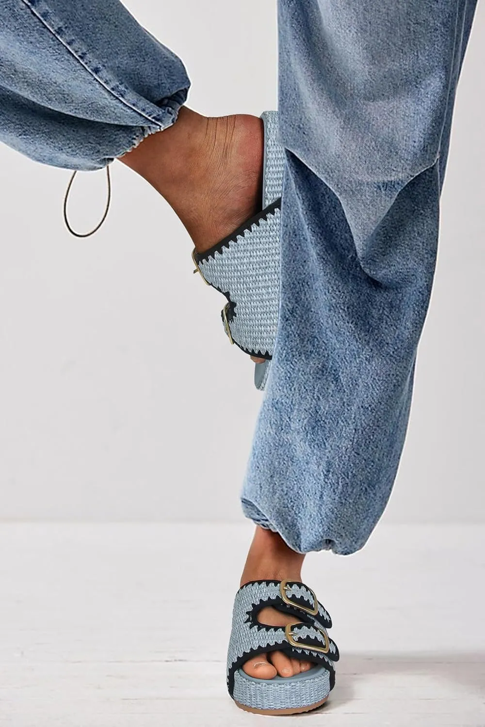 Raffia Sandals for Women Platform Slide Sandals Espadrille Adjustable Double Buckle Summer Comfortable Cute Woven Casual Beach Shoes