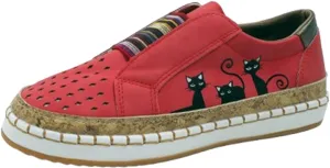 Rayootd Orthopedic Shoes for Women with Cats, Casual Hollow Lightweight Flat Shoes for Women Elastic Slip-On Loafers Black Cat Shoes Women Running Breathable Sports Shoes Indoor Running Shoes