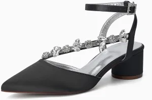 Rhinestones Satin Strappy Wedding Shoes Pointed Toe Block Low Heel Bridal Shoes Women Party Sandals 4.5CM Closed Toe Ankle Strap Pumps for Prom,Black,11