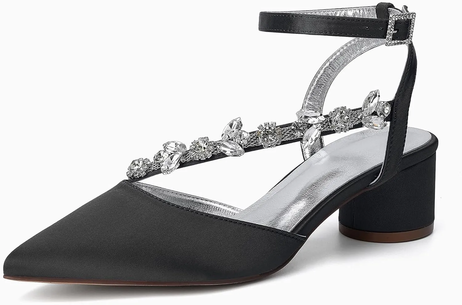 Rhinestones Satin Strappy Wedding Shoes Pointed Toe Block Low Heel Bridal Shoes Women Party Sandals 4.5CM Closed Toe Ankle Strap Pumps for Prom,Black,11