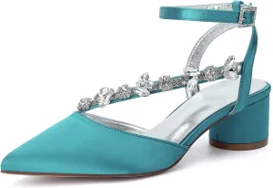 Rhinestones Satin Strappy Wedding Shoes Pointed Toe Block Low Heel Bridal Shoes Women Party Sandals 4.5CM Closed Toe Ankle Strap Pumps for Prom,Blue green,10
