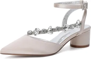 Rhinestones Satin Strappy Wedding Shoes Pointed Toe Block Low Heel Bridal Shoes Women Party Sandals 4.5CM Closed Toe Ankle Strap Pumps for Prom,Champagne,11.5