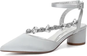 Rhinestones Satin Strappy Wedding Shoes Pointed Toe Block Low Heel Bridal Shoes Women Party Sandals 4.5CM Closed Toe Ankle Strap Pumps for Prom,Silver,8