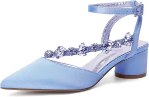 Rhinestones Satin Strappy Wedding Shoes Pointed Toe Block Low Heel Bridal Shoes Women Party Sandals 4.5CM Closed Toe Ankle Strap Pumps for Prom,Sky blue,9