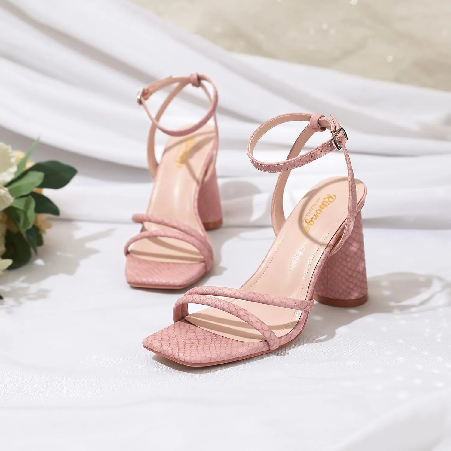 RIBONGZ Block Heels Prom Heeled Sandals for Women Chunky Square Open Toe Strappy High Heels Ankle Strap Wedding Bridal Shoes High Heel Sandals for Party Dress