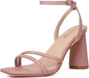 RIBONGZ Block Heels Prom Heeled Sandals for Women Chunky Square Open Toe Strappy High Heels Ankle Strap Wedding Bridal Shoes High Heel Sandals for Party Dress