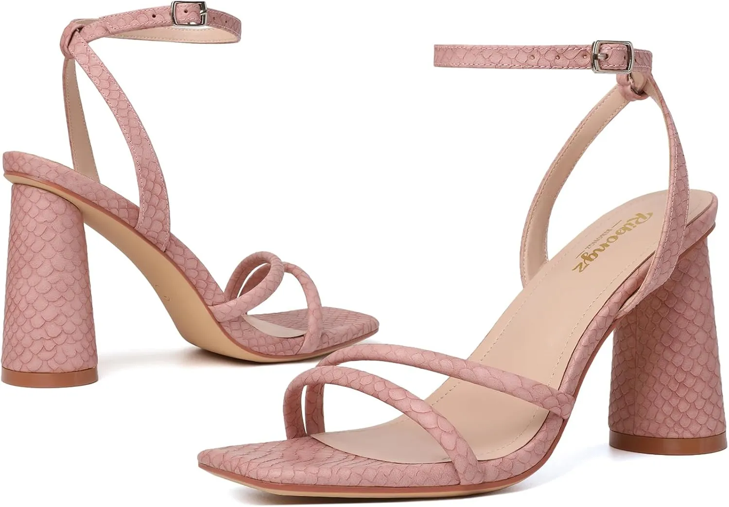 RIBONGZ Block Heels Prom Heeled Sandals for Women Chunky Square Open Toe Strappy High Heels Ankle Strap Wedding Bridal Shoes High Heel Sandals for Party Dress