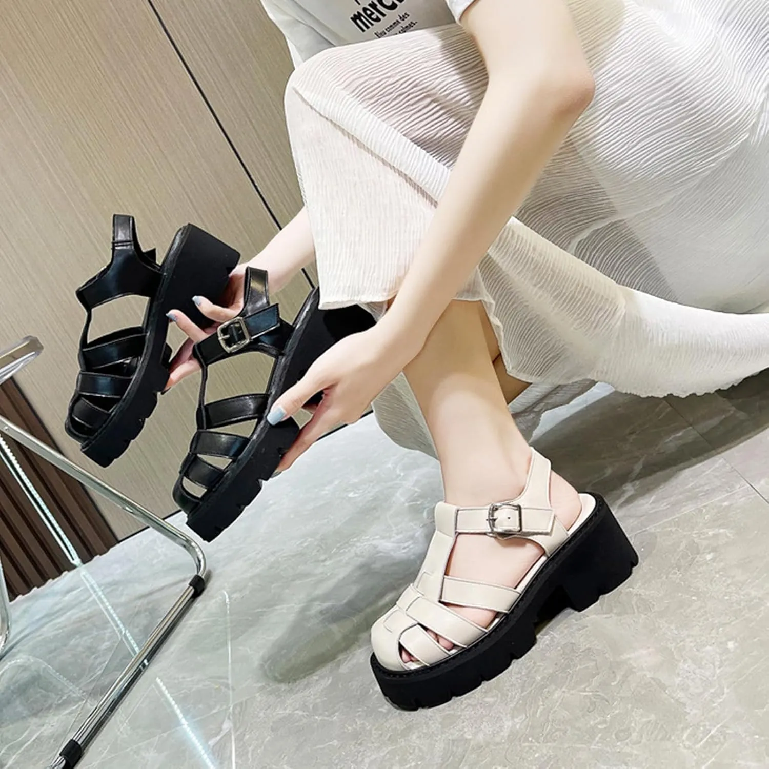 RiceelSor Women's Platform Follow Closed Toe Sandals Adjustable Buckle Ankle Strap Summer Gladiator Breathable Non-slip Ladies Wedge Caged Sandals