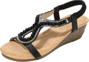 rismart Bohemian Wedge Sandals Women Summer Rhinestone Dressy Shoes