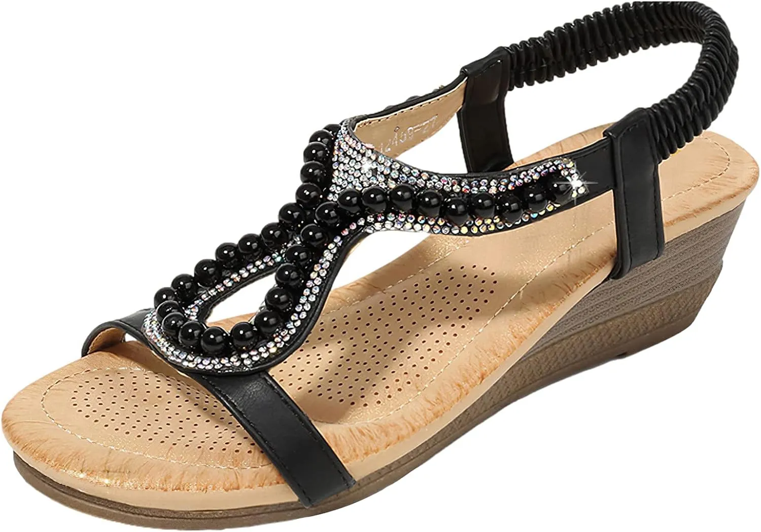 rismart Bohemian Wedge Sandals Women Summer Rhinestone Dressy Shoes