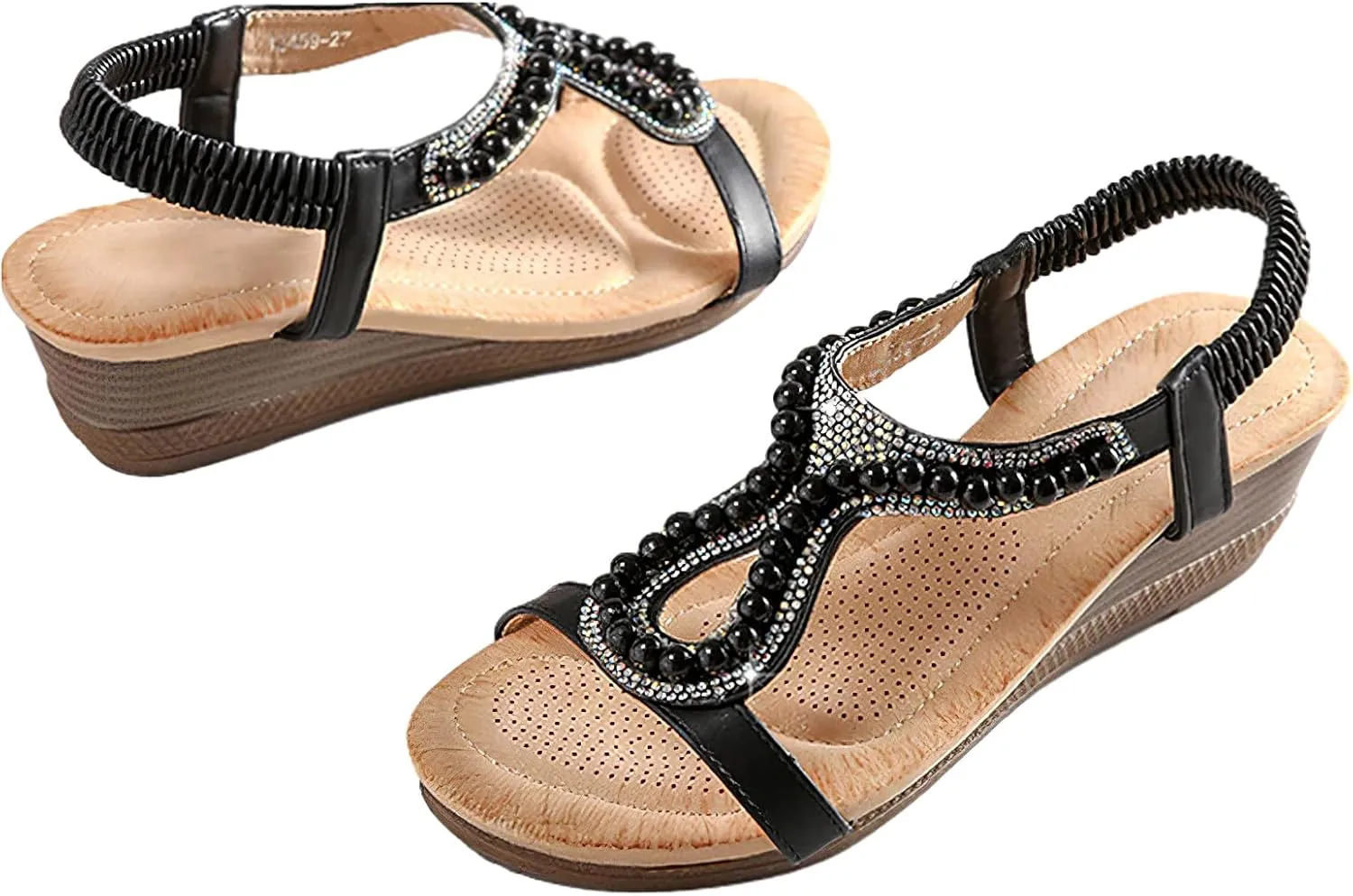 rismart Bohemian Wedge Sandals Women Summer Rhinestone Dressy Shoes