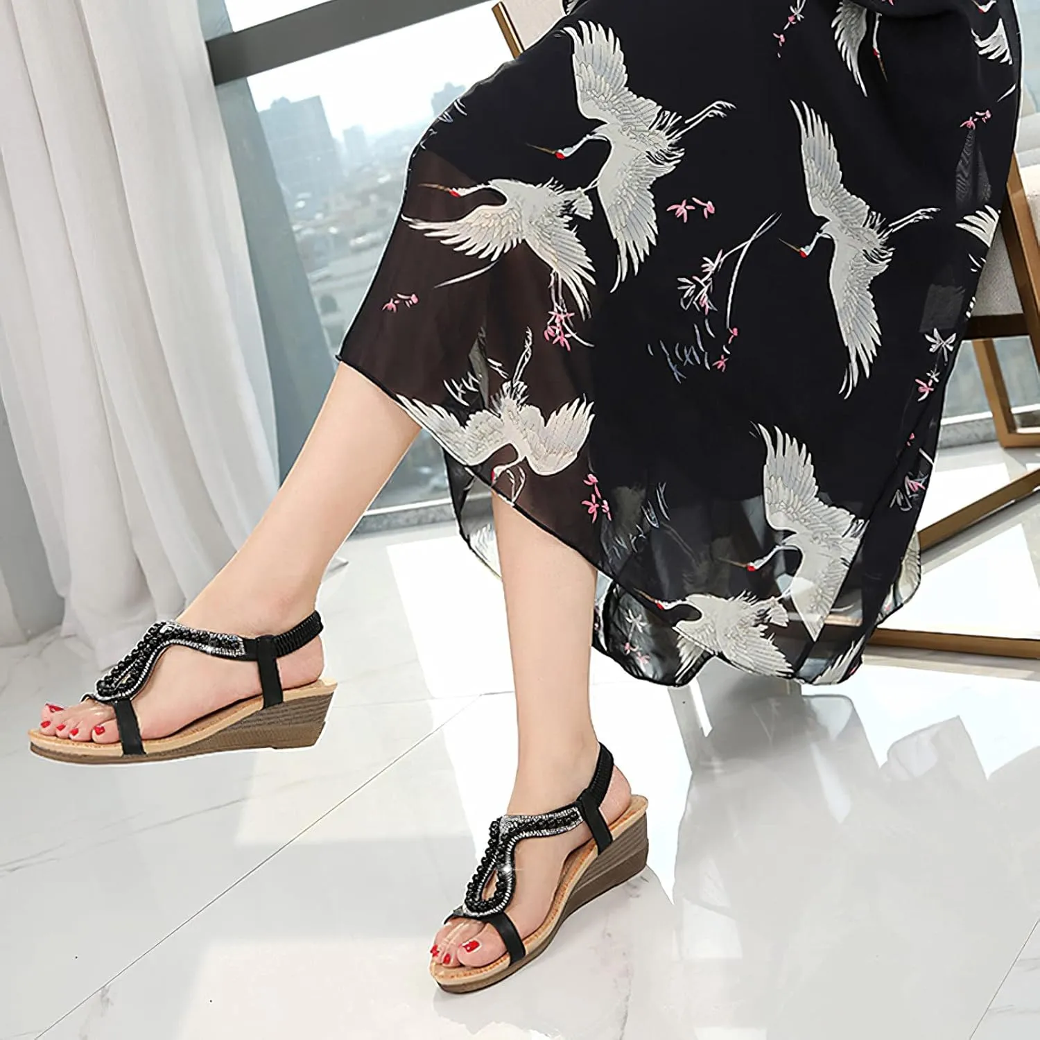 rismart Bohemian Wedge Sandals Women Summer Rhinestone Dressy Shoes