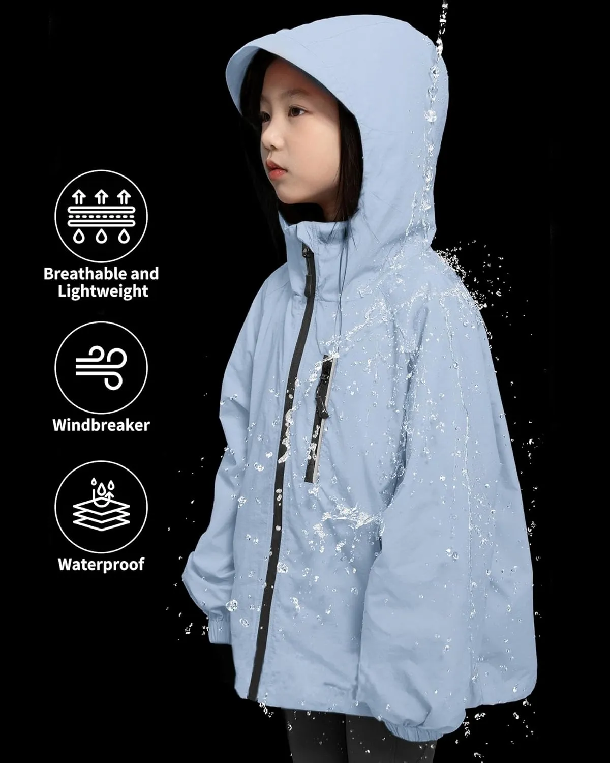 Rolanko Girls Waterproof Hooded Jacket Lightweight Raincoats for Kids Boys Windbreaker Outdoor Rain Jacket