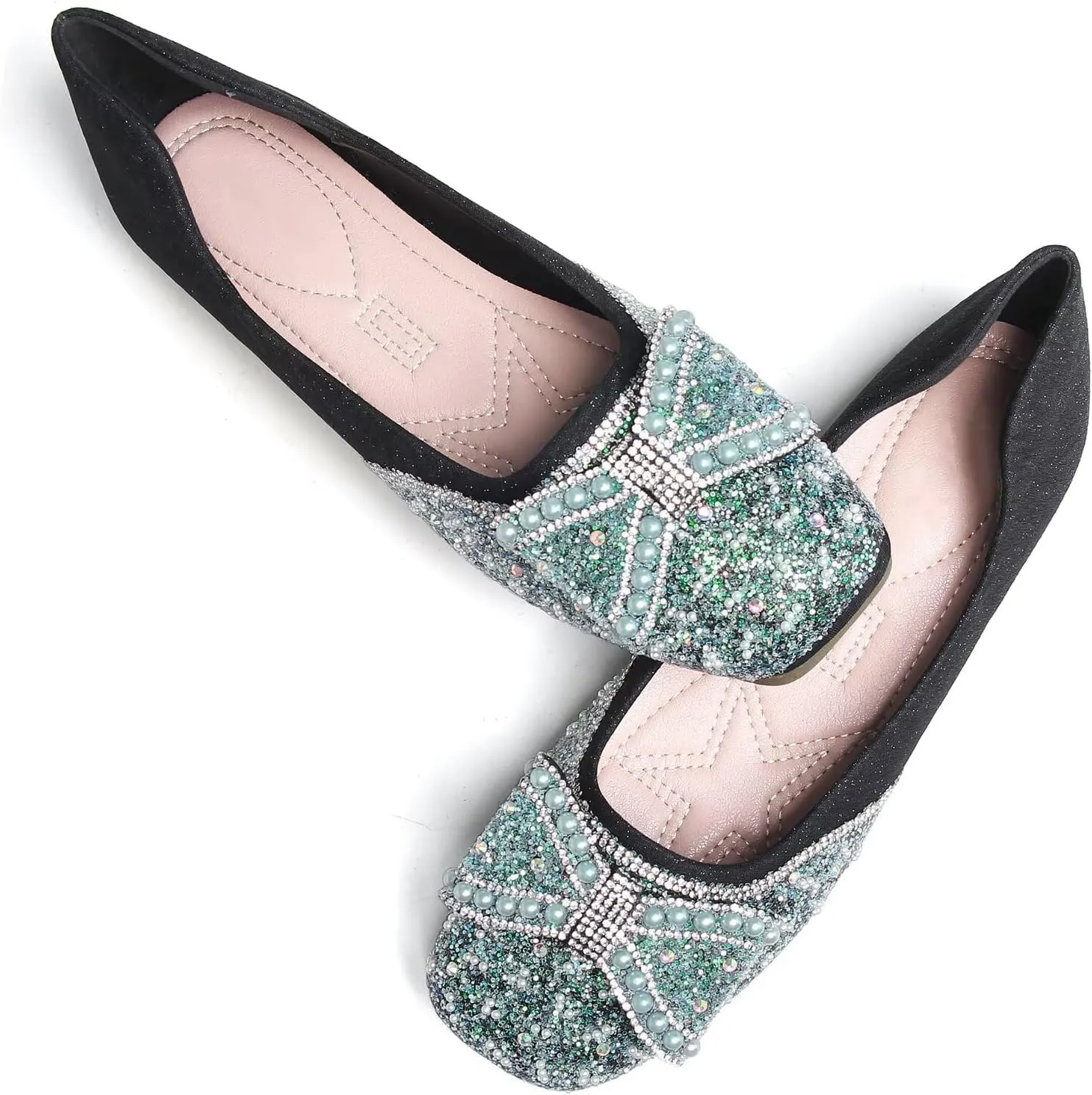 SAILING LU Square Toe Flats Shoes Rhinestoned Bowknots Ballet Flats for Women Studded Dress Shoes Comfort Light Weight Loafers