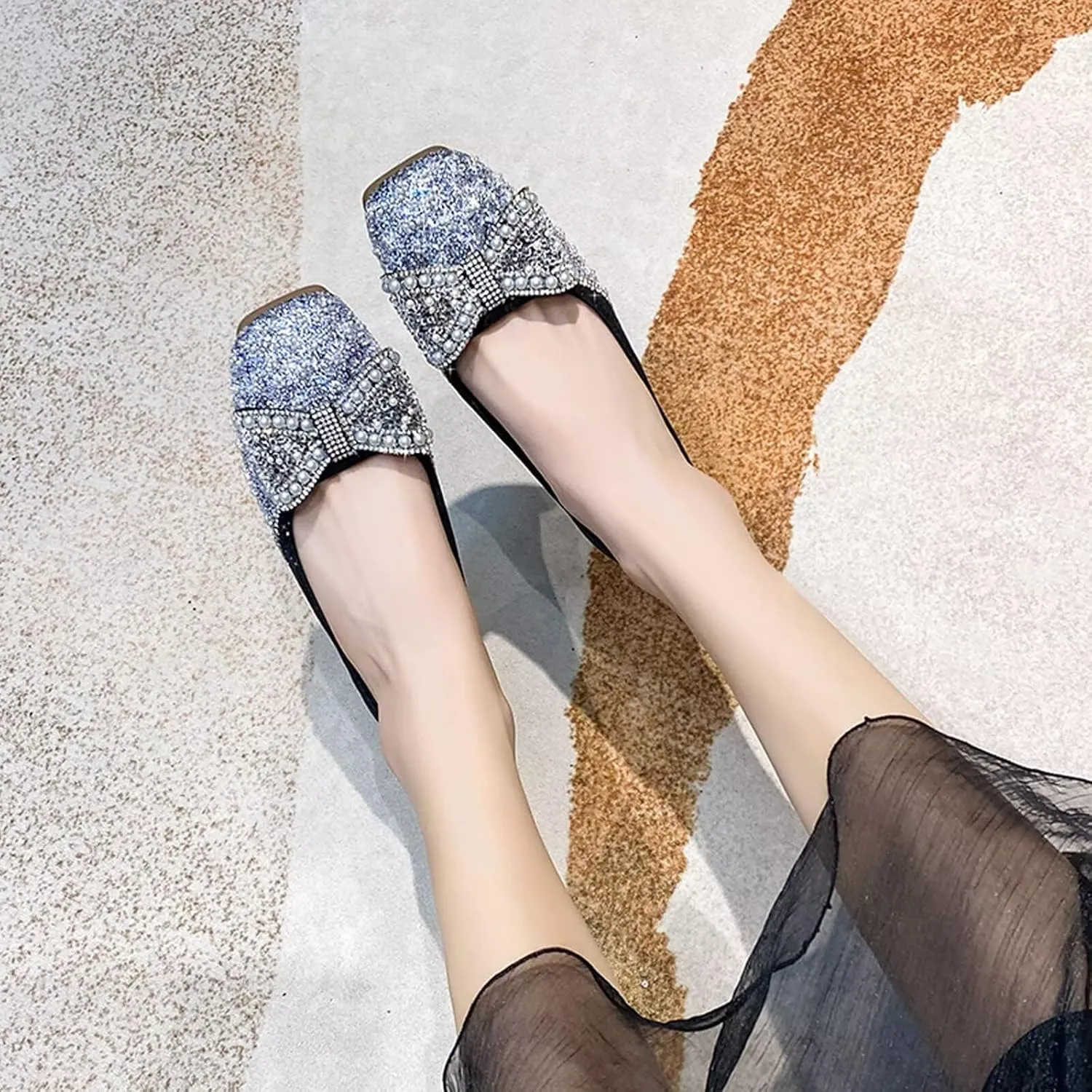 SAILING LU Square Toe Flats Shoes Rhinestoned Bowknots Ballet Flats for Women Studded Dress Shoes Comfort Light Weight Loafers