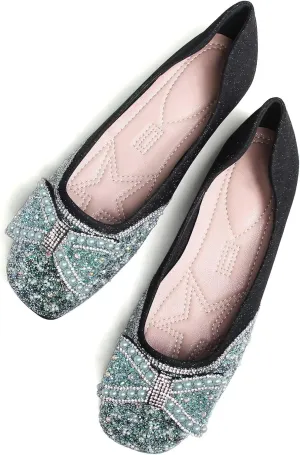 SAILING LU Square Toe Flats Shoes Rhinestoned Bowknots Ballet Flats for Women Studded Dress Shoes Comfort Light Weight Loafers